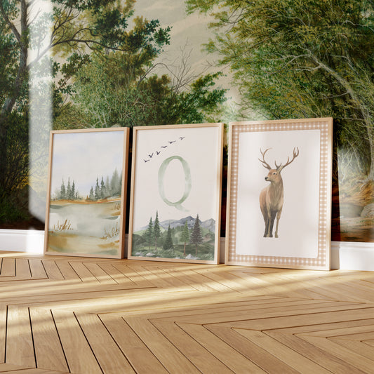 Letter Q, Woodland Nursery Wall Art Set of 3 - Forest Animal Prints for Boy's Room